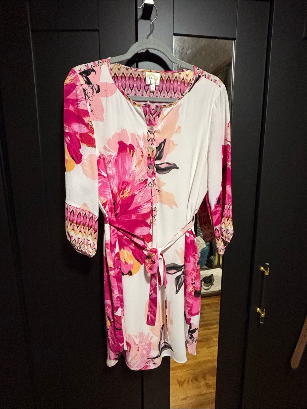 fig and flower Pink and Cream Floral Tie-Waist Midi Dress